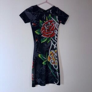 Ed Hardy Mesh Mini Dress small black coverup tattoo Print Skull Rose Y2K Bodycon